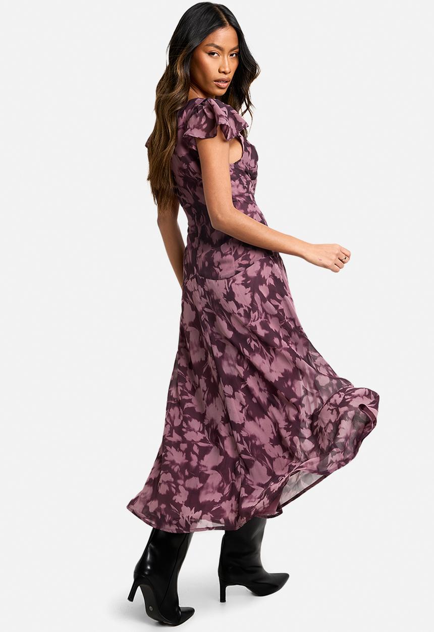boohoo - Floral long sleeve twist front midaxi dress - purple