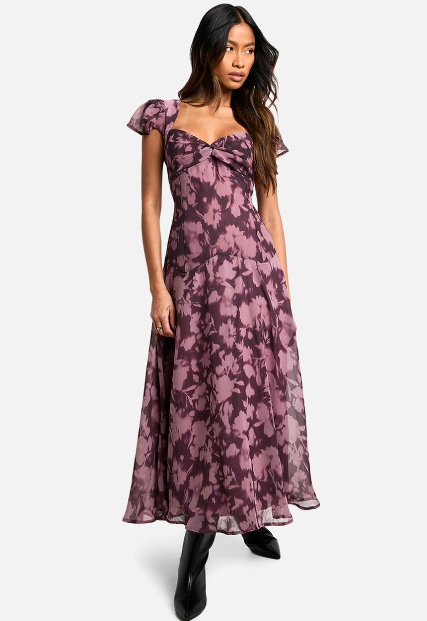 boohoo - Floral long sleeve twist front midaxi dress - purple