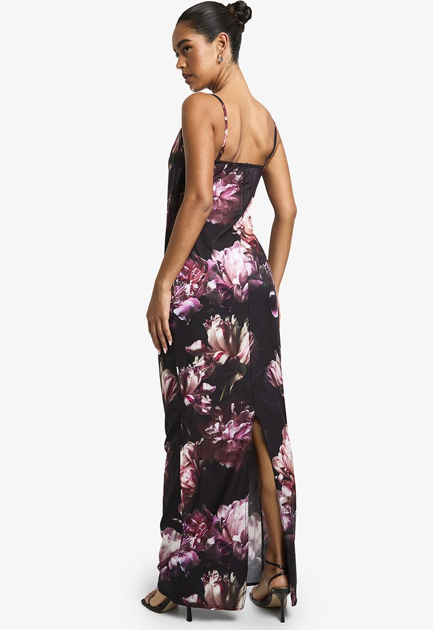 boohoo - Lace trim floral maxi dress - black