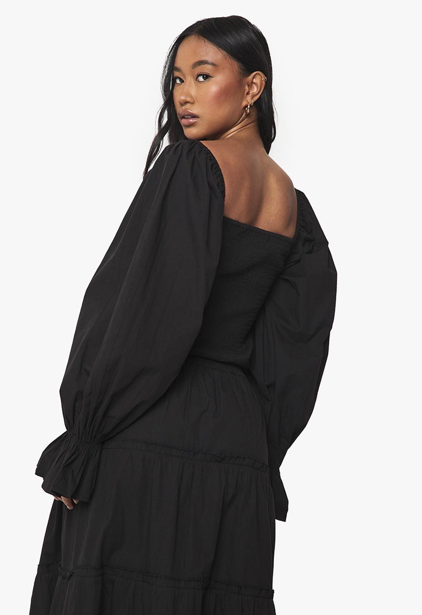 boohoo - Shirred cotton poplin blouse - black