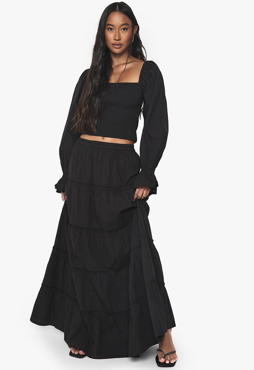 boohoo - Shirred cotton poplin blouse - black