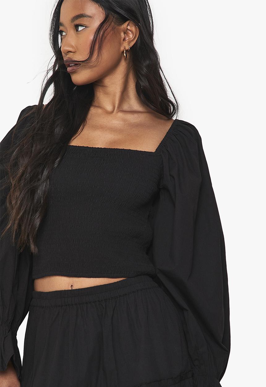 boohoo - Shirred cotton poplin blouse - black