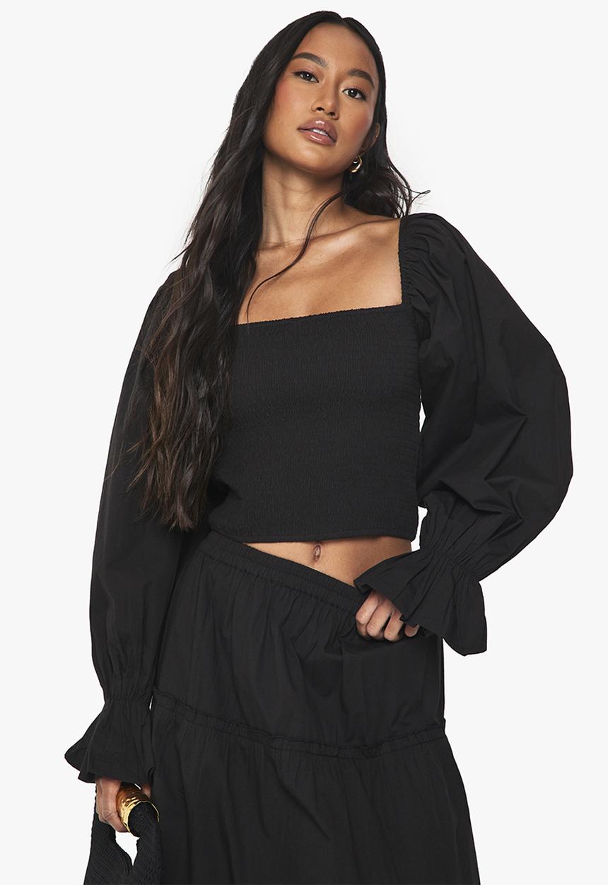 boohoo - Shirred cotton poplin blouse - black