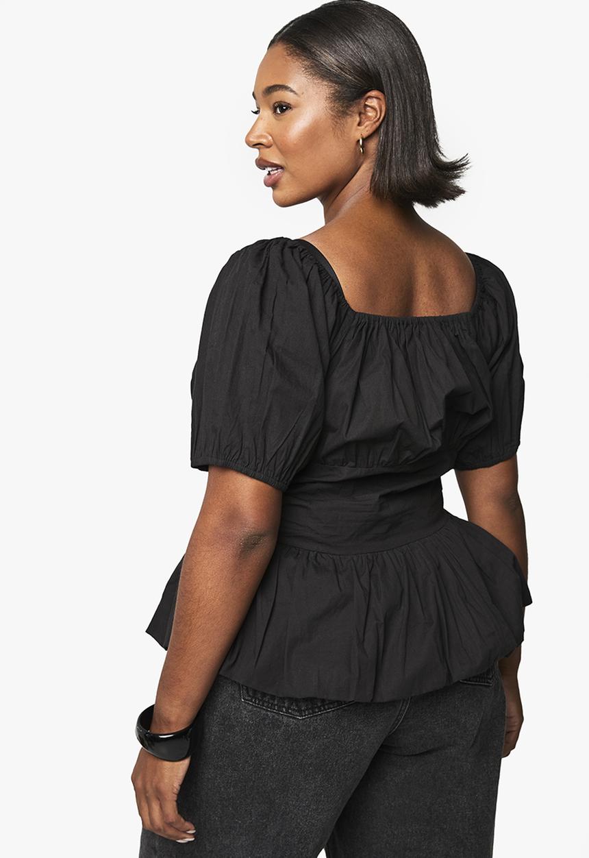 boohoo - Plus Cotton Puff Sleeve Blouse -  Black 