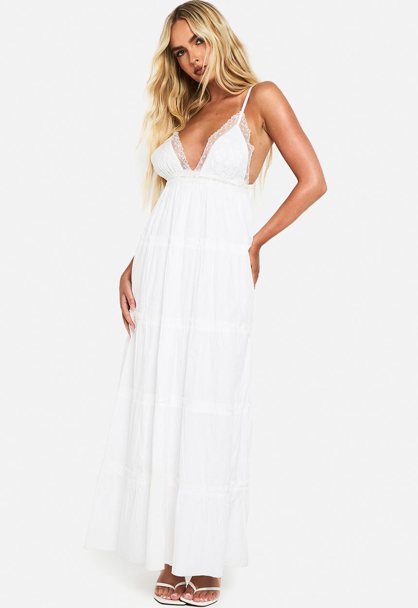boohoo - Embroidered ruffle cotton maxi dress - white