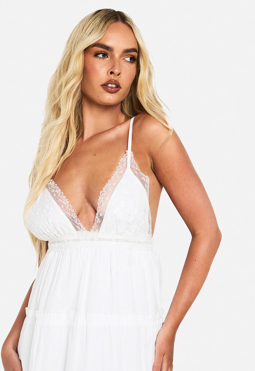 boohoo - Embroidered ruffle cotton maxi dress - white