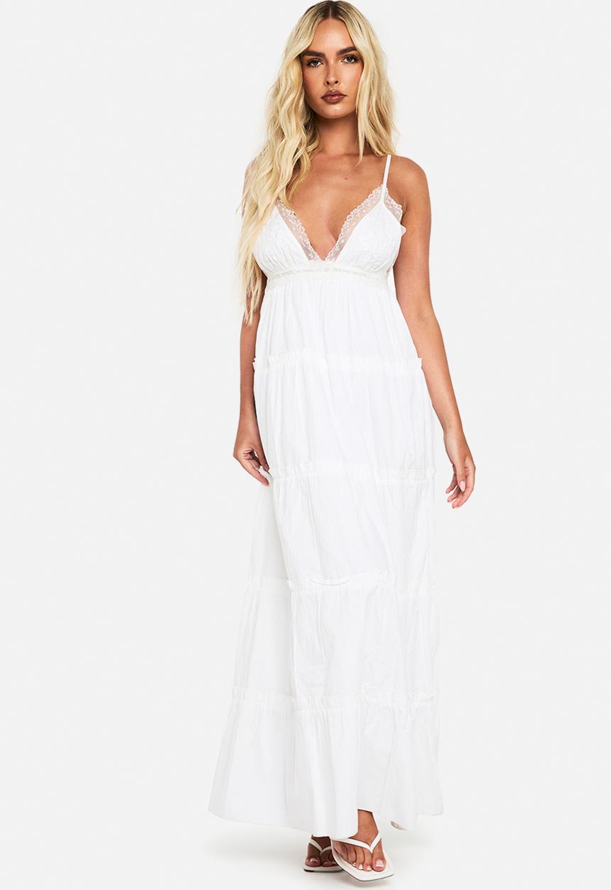 boohoo - Embroidered ruffle cotton maxi dress - white