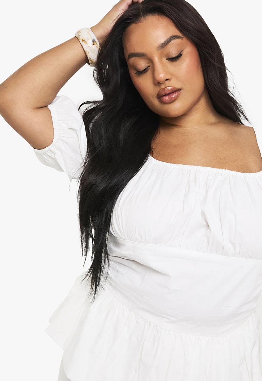 boohoo - Plus Cotton Puff Sleeve Blouse -  White 
