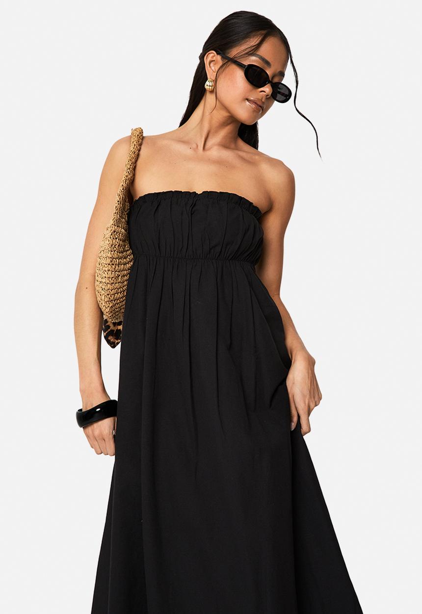 boohoo - Linen shirred bandeau midaxi dress - black
