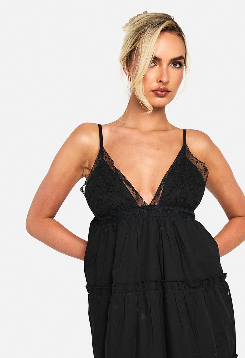 boohoo - Embroidered ruffle cotton maxi dress - black