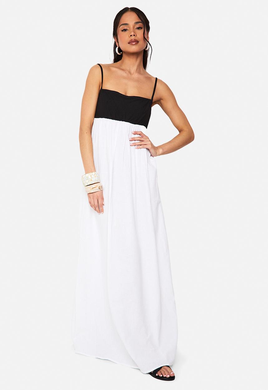 boohoo - Contrast linen smock maxi dress - black & white