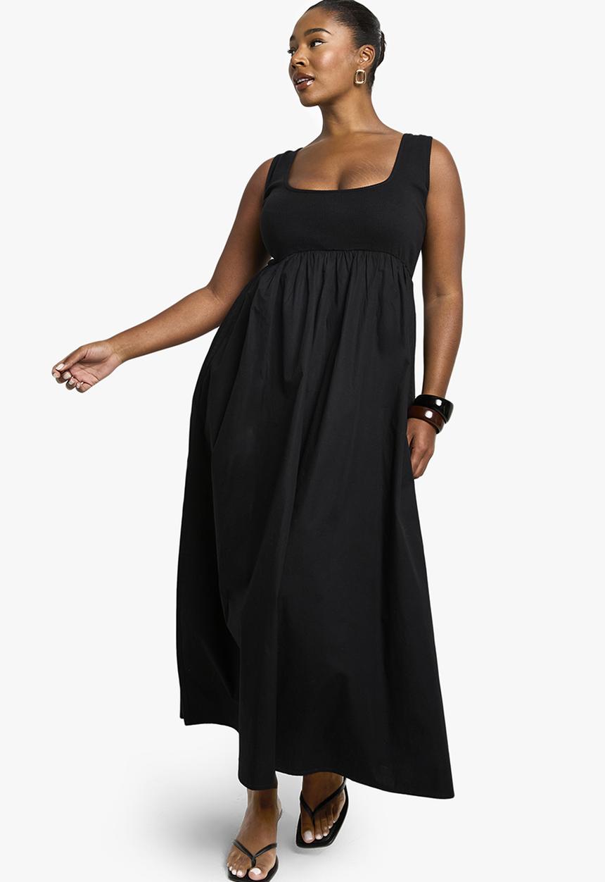 boohoo - Plus rib cotton poplin midaxi smock dress -  black