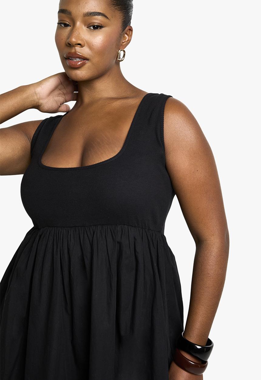 boohoo - Plus rib cotton poplin midaxi smock dress -  black