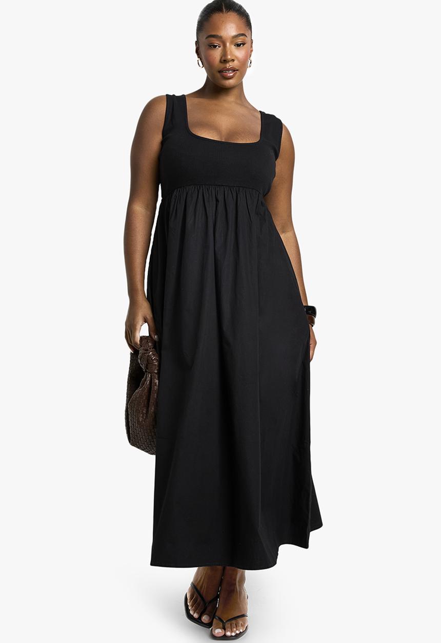 boohoo - Plus rib cotton poplin midaxi smock dress -  black