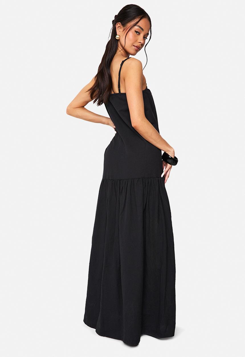 boohoo - Linen drop waist strappy maxi dress - black