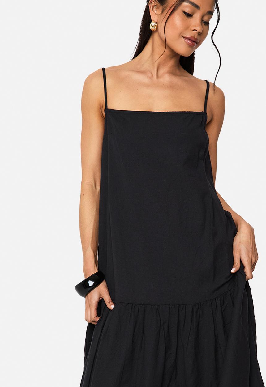 boohoo - Linen drop waist strappy maxi dress - black