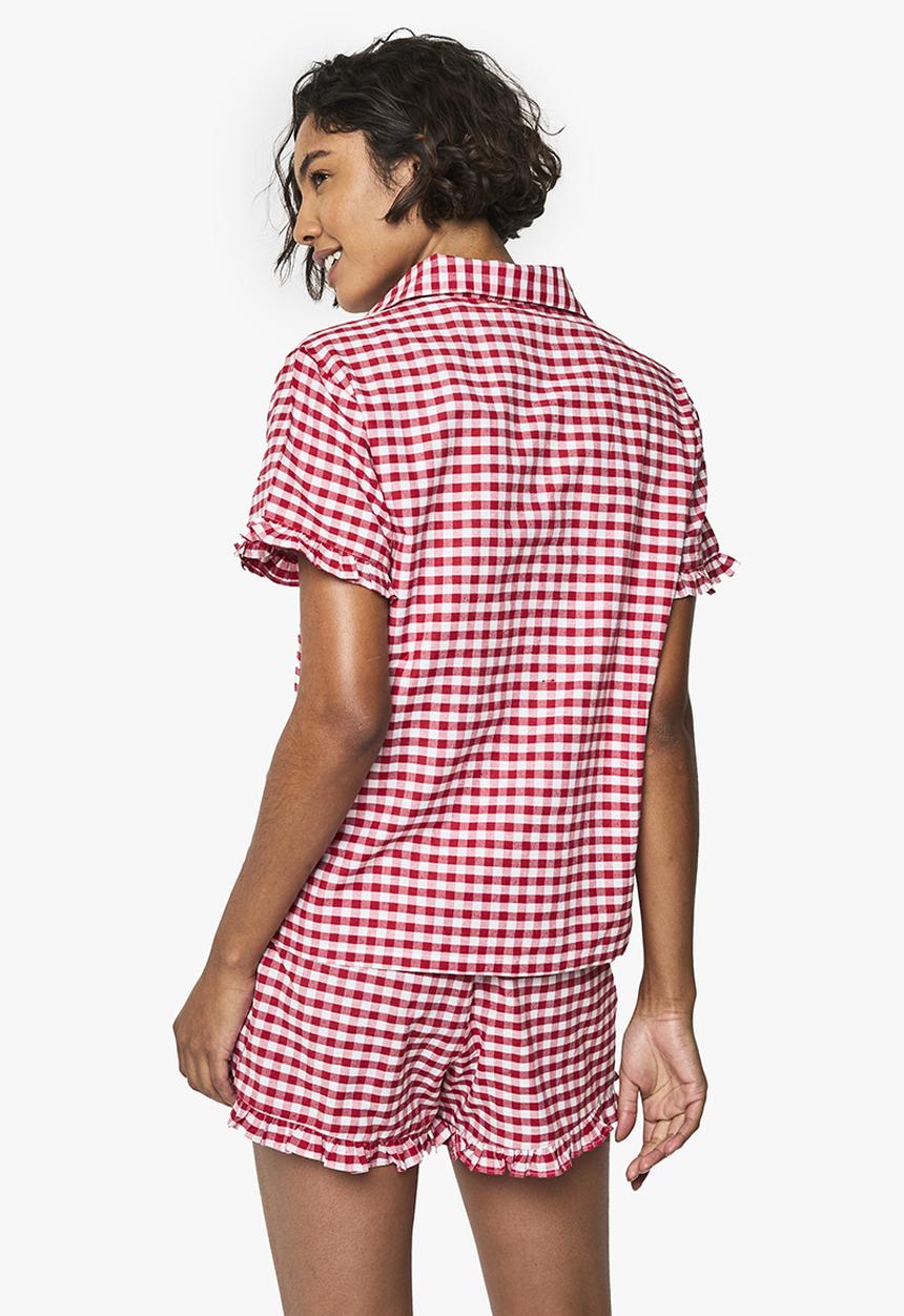 boohoo - Tall gingham cotton poplin  ruffle short pyjama set - red