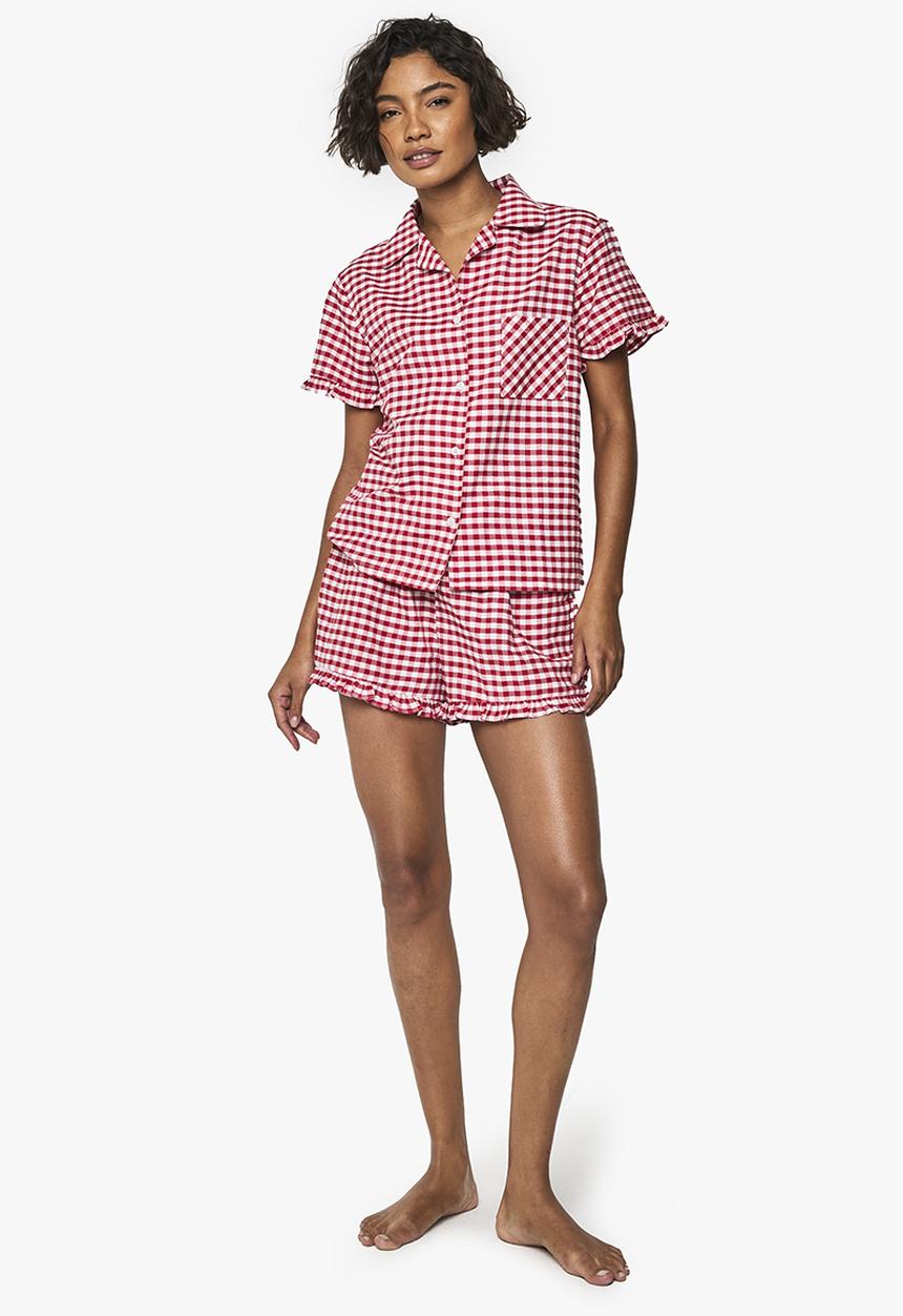 boohoo - Tall gingham cotton poplin  ruffle short pyjama set - red