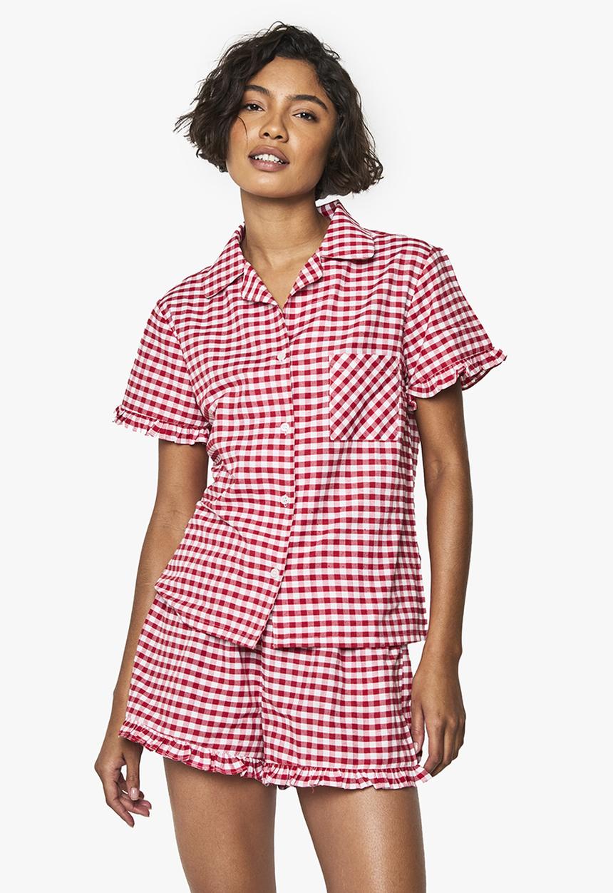 boohoo - Tall gingham cotton poplin  ruffle short pyjama set - red