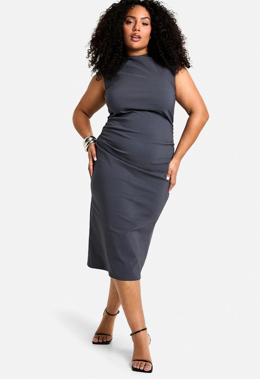 boohoo - Plus Bengaline Ruched High Neck Midi Dress - Charcoal