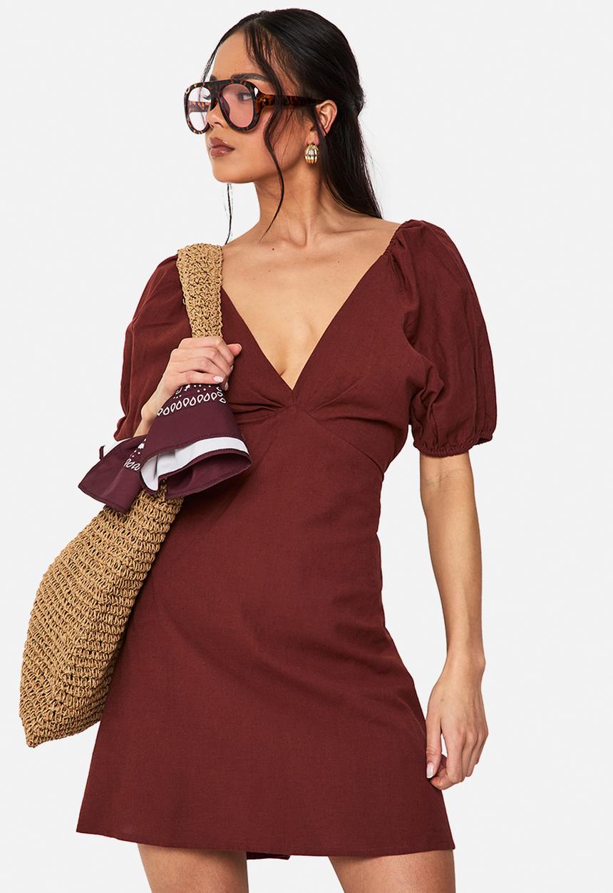 boohoo - Linen tie back mini dress - red
