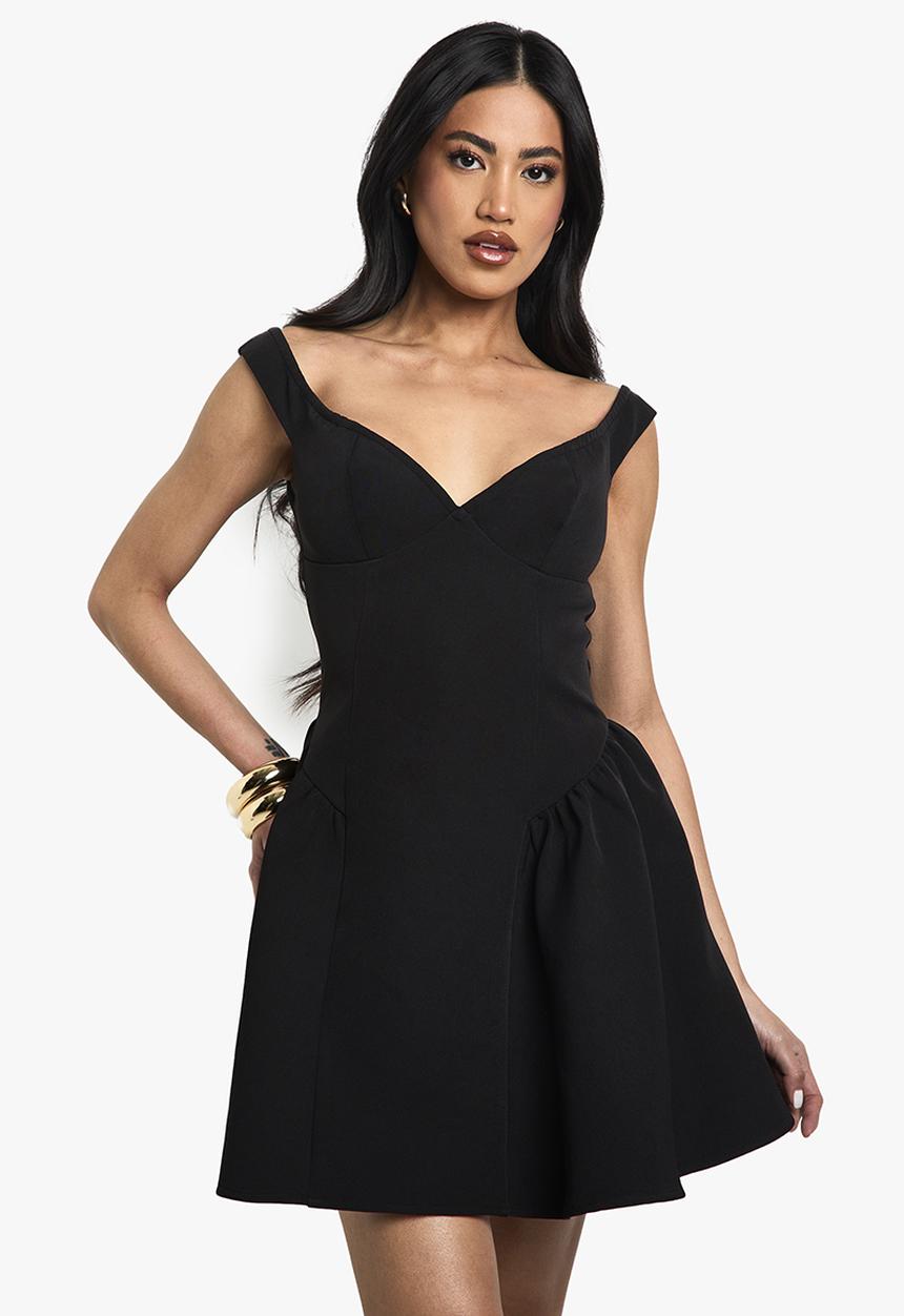 boohoo - Bardot structured volume skater mini dress - black