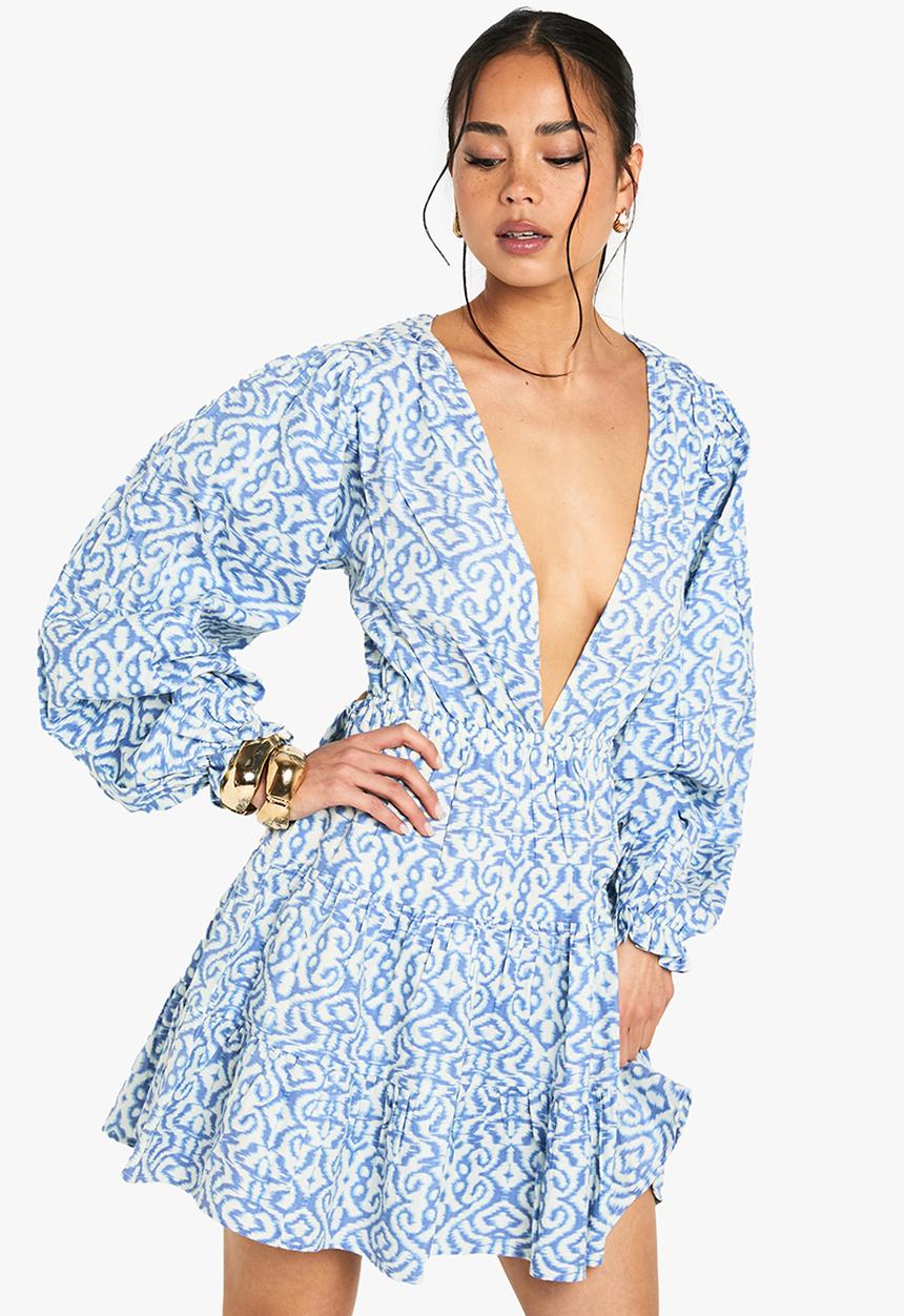 Printed linen look plunge long sleeve mini dress - light blue 2