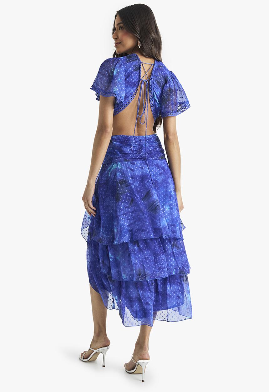 boohoo - Floral dobby ruffle detail midaxi dress - blue