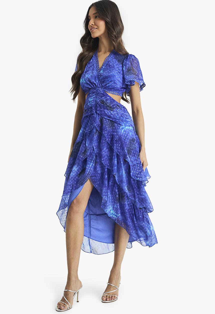 boohoo - Floral dobby ruffle detail midaxi dress - blue