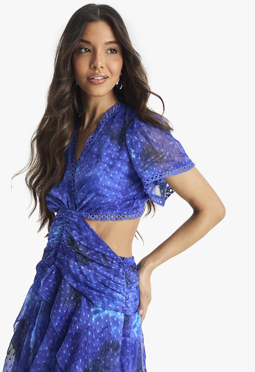 boohoo - Floral dobby ruffle detail midaxi dress - blue