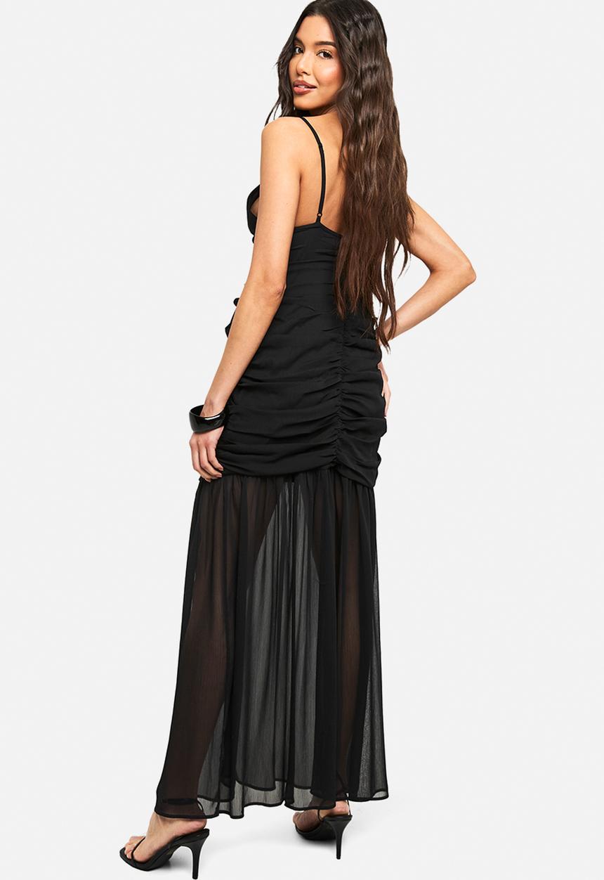 boohoo - Chiffon ruched plunge maxi dress - black