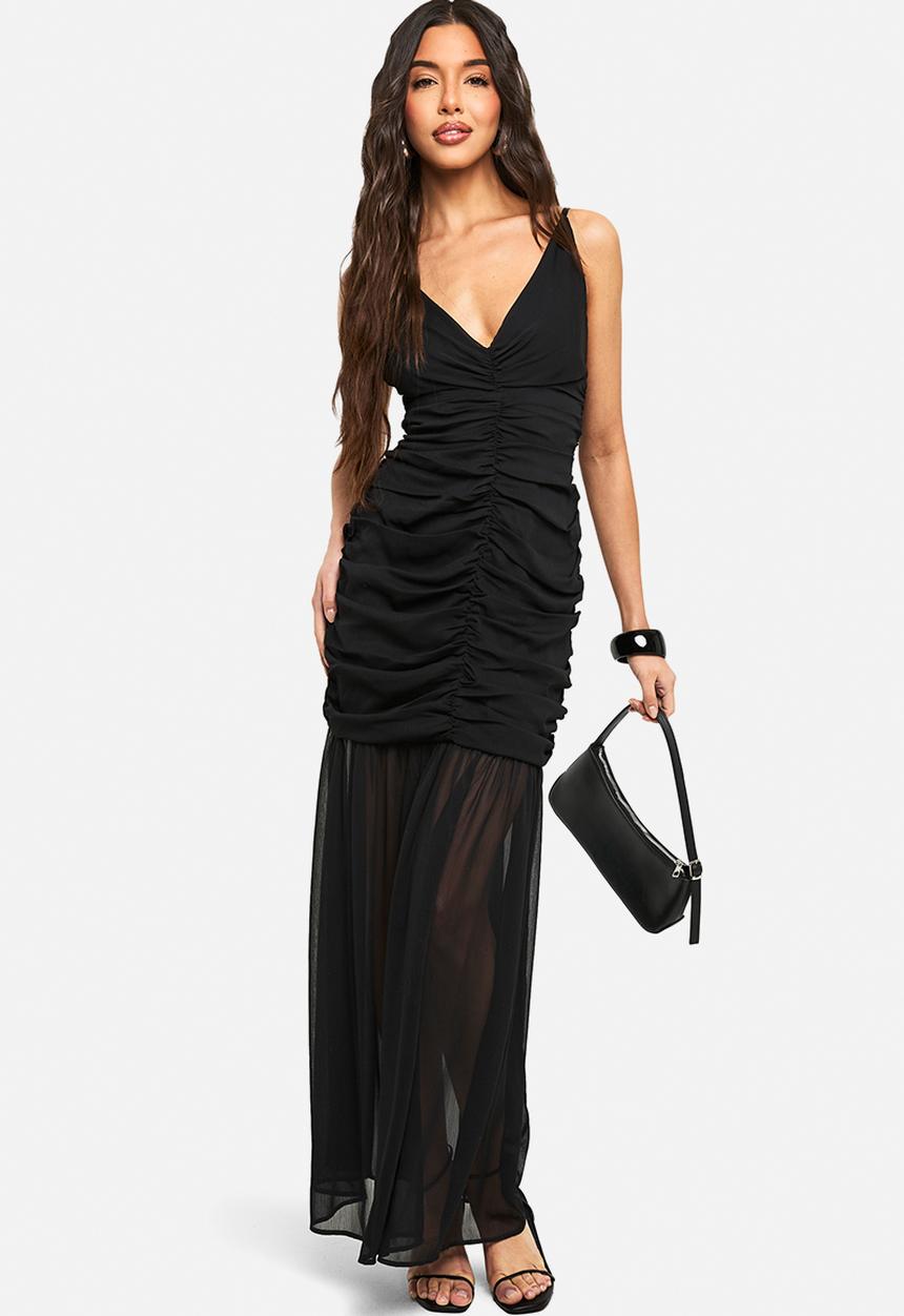 boohoo - Chiffon ruched plunge maxi dress - black