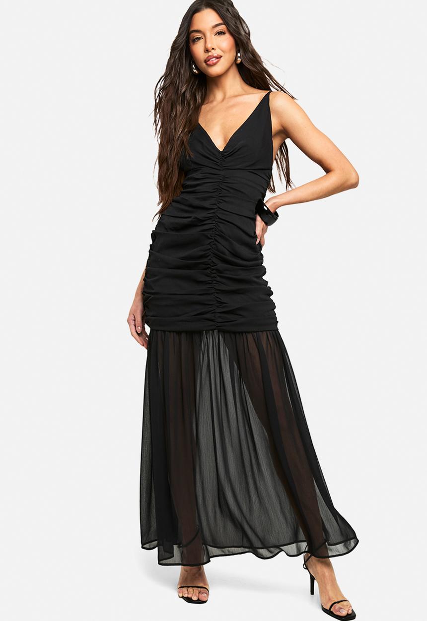 boohoo - Chiffon ruched plunge maxi dress - black