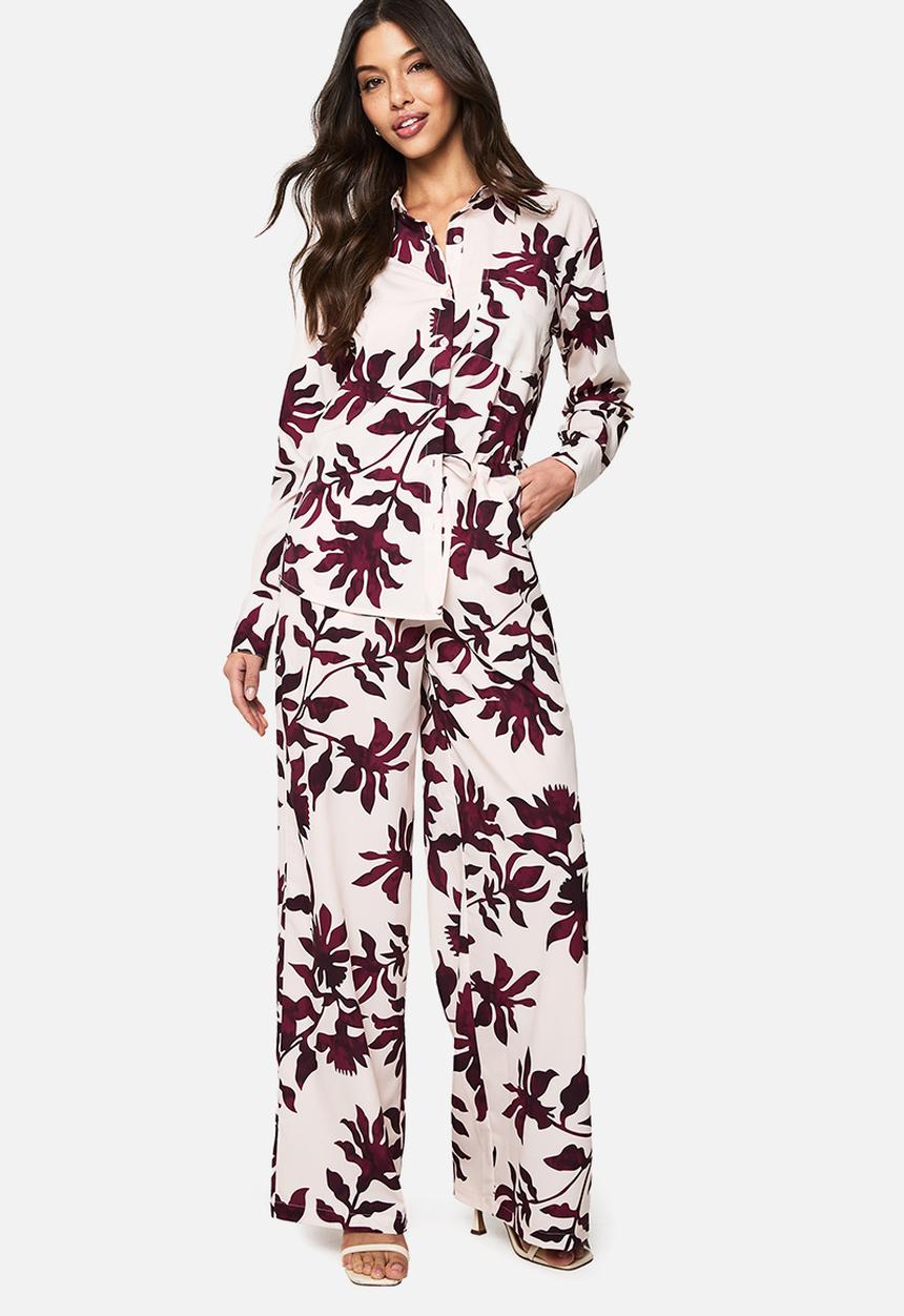 boohoo - Basic woven large floral drawstring wide leg trousers - purple