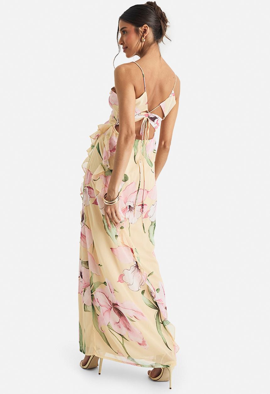 boohoo - Floral crinkle chiffon ruffle maxi dress - yellow