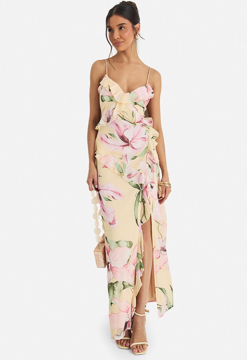 boohoo - Floral crinkle chiffon ruffle maxi dress - yellow