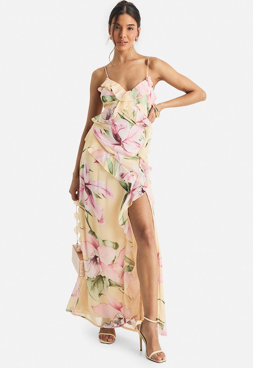 boohoo - Floral crinkle chiffon ruffle maxi dress - yellow