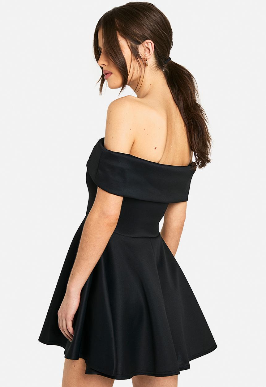 boohoo - Bonded sucba bardot volume skater mini dress - black