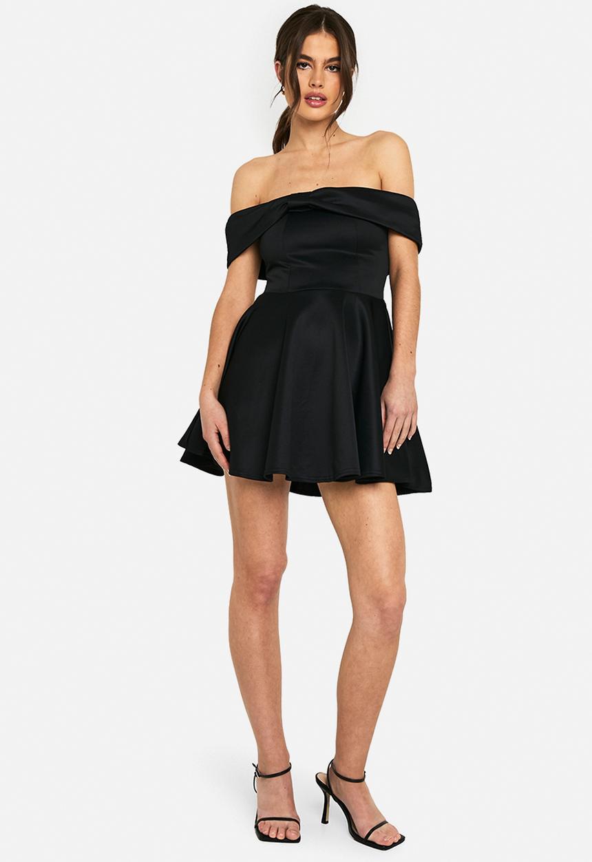 boohoo - Bonded sucba bardot volume skater mini dress - black