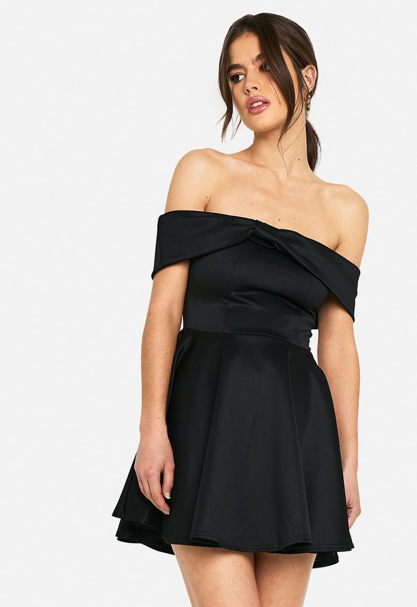 boohoo - Bonded sucba bardot volume skater mini dress - black