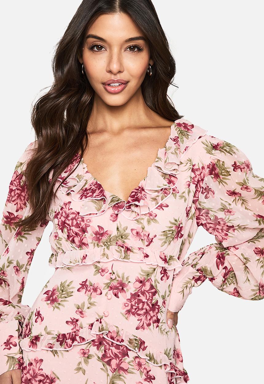 boohoo - Floral chiffon ruffle mini dress - pink