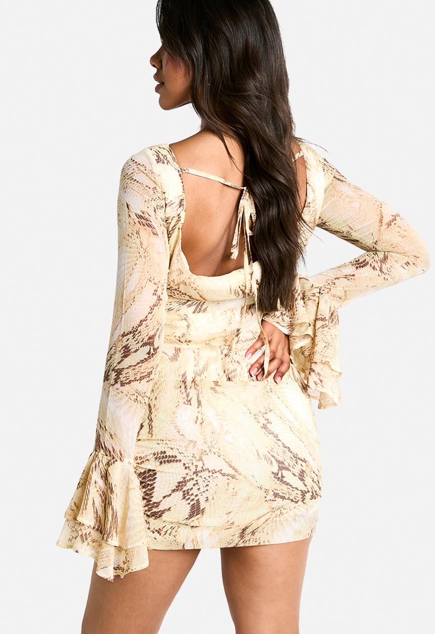 boohoo - Snake chiffon ruffle mini dress - brown