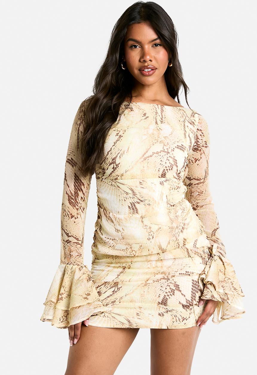 boohoo - Snake chiffon ruffle mini dress - brown