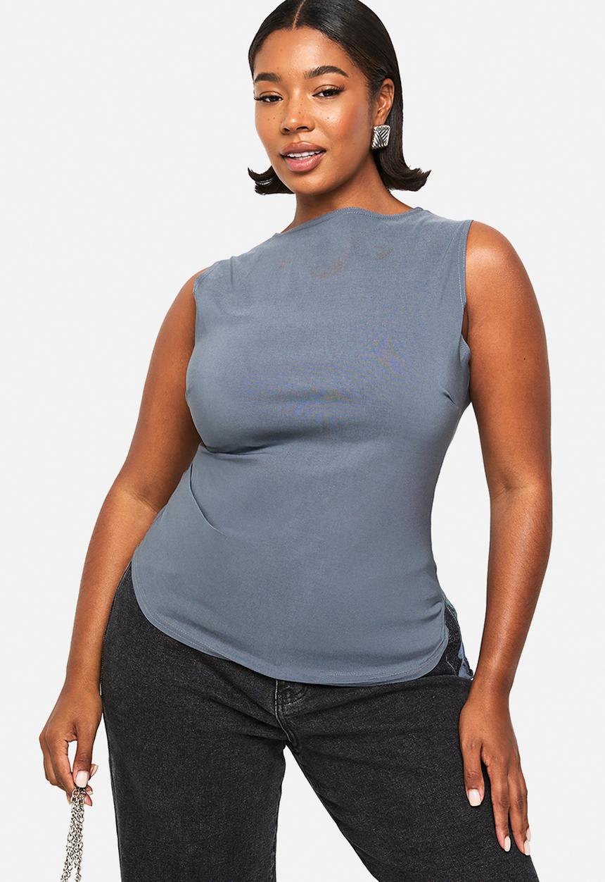 boohoo - Plus Bengaline Ruched Asymmetric Hem Top - Slate