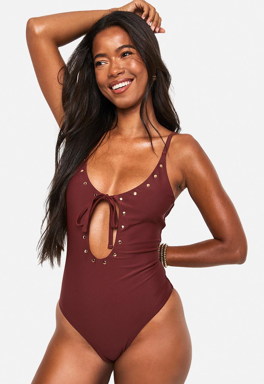 boohoo - Cut out studded swimsuit - chocolate