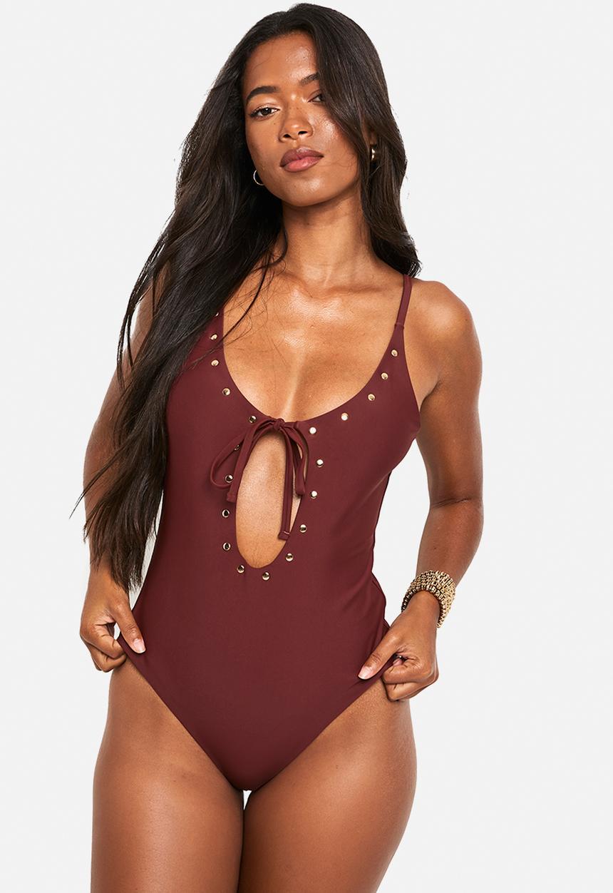 boohoo - Cut out studded swimsuit - chocolate