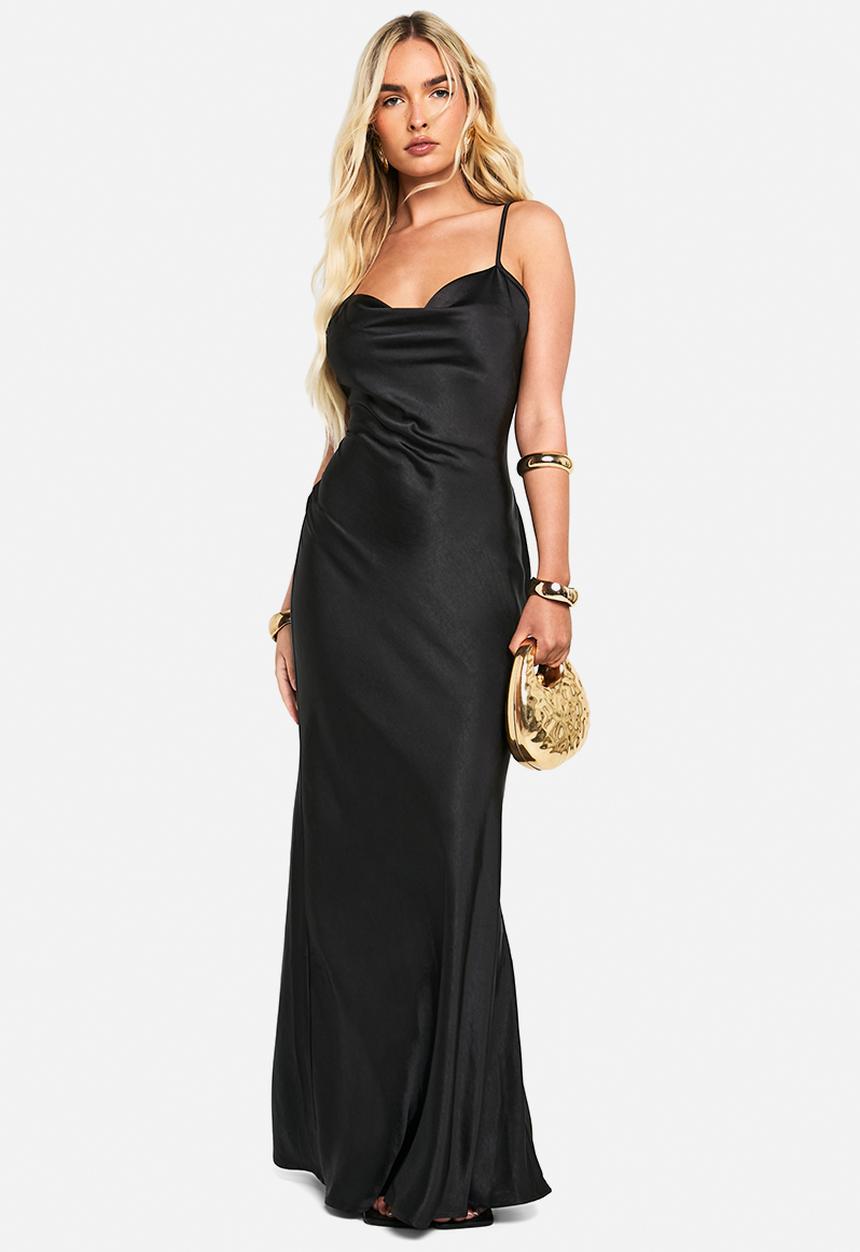 boohoo - Satin cowl neck maxi dress - black