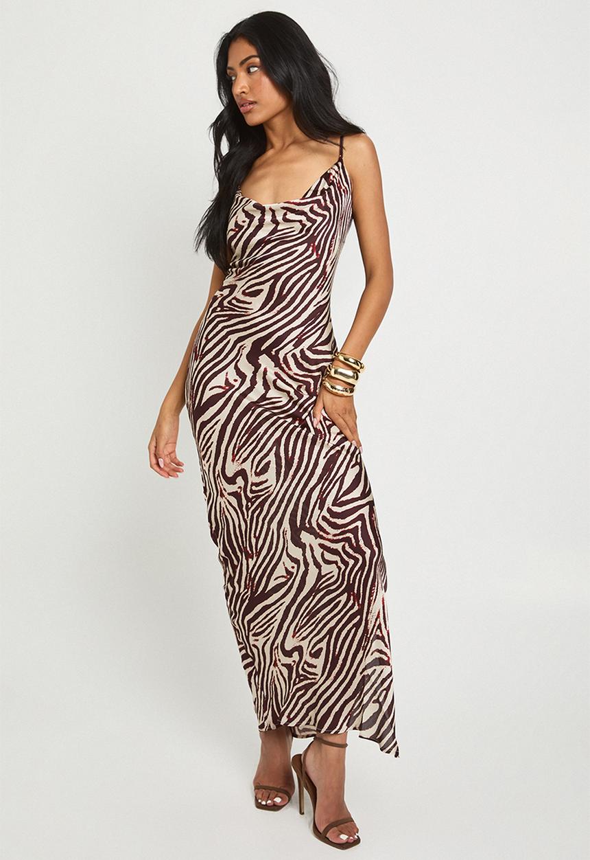 boohoo - Zebra strappy cowl neck maxi dress - brown