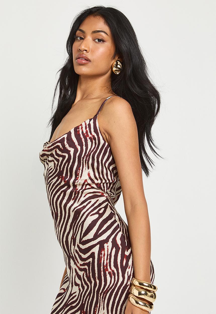 boohoo - Zebra strappy cowl neck maxi dress - brown