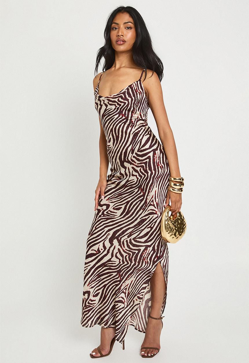 boohoo - Zebra strappy cowl neck maxi dress - brown